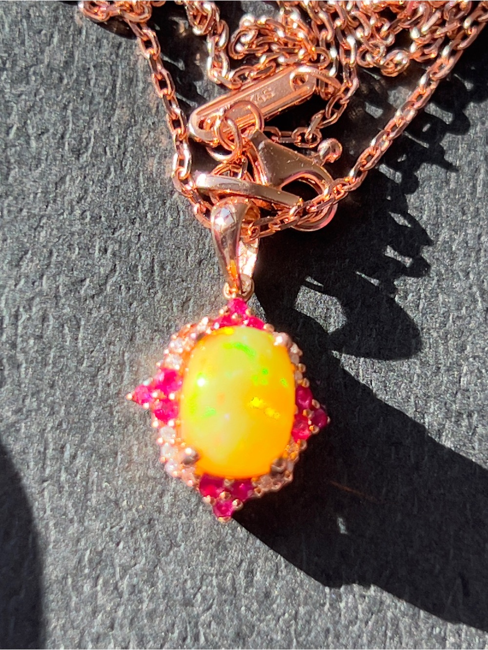 Rose Gold Opal Pendant Necklace with Rubies and Diamond’s in 10k - Picture 5 of 17
